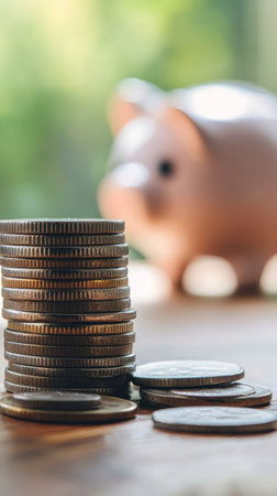 Stack of coins is meticulously arranged on a wooden surface, symbolizing saving and investment, with a blurred piggy bank in the background, suggesting financial planning and securityの素材