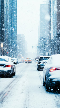 Cars are driving slowly on a snow covered road during a heavy snowfall in a city, with tall buildings on both sides of the street and snowflakes fallingの素材