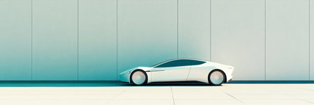 Side view of a white electric sports car parked near a modern minimalist building, representing innovative automotive design and urban mobilityの素材