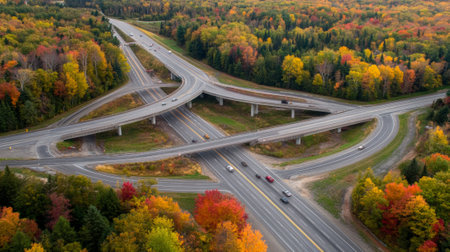 Cars navigating a highway interchange, surrounded by a forest showcasing the vibrant colors of autumn foliage, create a picturesque scene of natures beauty and seasonal changeの素材