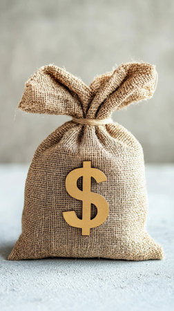 Full burlap money bag tied with twine and displaying large gold dollar sign resting on gray surface, representing savings, investment, and financeの素材