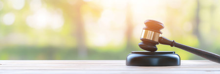 Judge gavel resting on a sound block on a wooden table with a blurred bright green background, symbolizing justice, law, and legal decisionsの素材