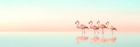 Four pink flamingos are walking in the shallow water of a lagoon with pastel colored reflections during a beautiful sunset, creating a serene and dreamy atmosphereの素材