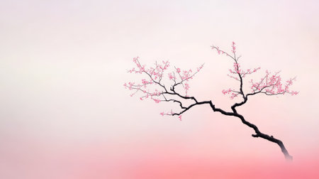 Cherry tree branch blooming with delicate pink flowers creating a serene and beautiful scene against a soft pastel background, evoking tranquility and the essence of springの素材