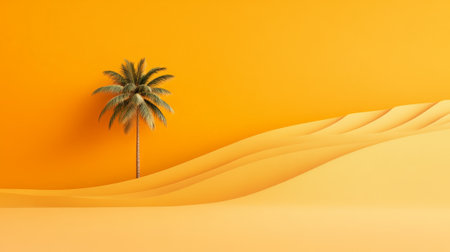 Minimalist orange desert landscape with smooth wavy sand dunes and single palm tree growing under the hot sun, providing a tranquil and exotic atmosphereの素材