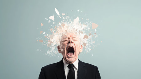Senior businessman exploding head shouting and screaming with exploding pieces on light blue background representing stress, frustration, anger, and mental health issuesの素材