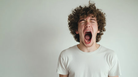 Curly haired young man wearing white t shirt is yawning with his mouth wide open, eyes closed and against a white background, expressing tiredness or boredomの素材