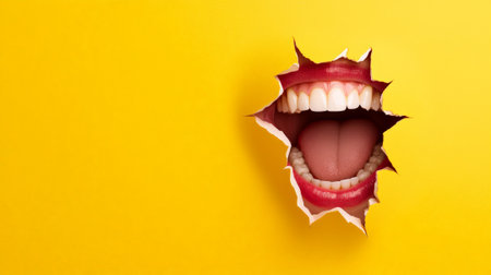 Close up of a wide open mouth with red lipstick and white teeth shouting through torn yellow paper, expressing excitement, surprise, or announcementの素材
