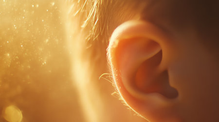 Close up of a childs ear bathed in warm, golden sunlight, symbolizing the importance of protecting hearing and enjoying the beauty of sound, highlighting auditory health and sensory perceptionの素材