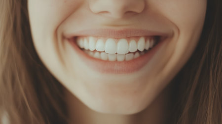 Smiling woman showing perfect teeth and healthy gums, ideal for dental and beauty projects emphasizing oral hygiene and cosmetic proceduresの素材