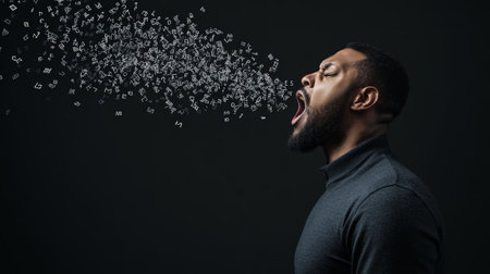 Side view portrait of a young man screaming and spitting letters and numbers from his mouth, expressing freedom of speech against a black backgroundの素材