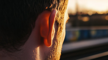 Warm sunset light illuminates a mans ear as he listens intently to the city sounds around him, highlighting the importance of hearing and the impact of urban noise pollutionの素材