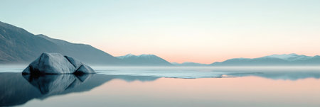 Soft pastel colors of sunrise are reflecting on the surface of a frozen lake with some ice sheets, a large rock, and misty mountains in the background creating a serene and peaceful atmosphereの素材