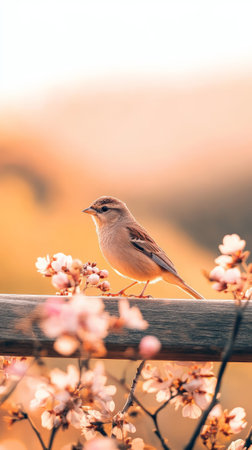 Small bird perched on a weathered wooden rail adorned with delicate pink blossoms, bathed in the warm glow of the setting sun, creating a serene and picturesque scene of natures beautyの素材