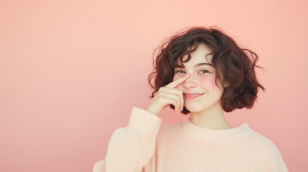 Smiling young woman with short curly hair and light pink sweater is touching her nose after rhinoplasty surgery, showing successful cosmetic procedure on pink studio backgroundの素材