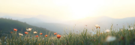 Beautiful orange and white wild poppies are blooming in a meadow at sunrise. With gentle sunlight illuminating the scene and rolling hills in the background creating a serene and peaceful atmosphereの素材