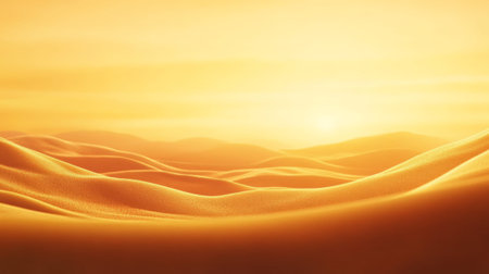 Warm sunlight illuminating rolling sand dunes in a vast desert landscape, creating a serene and captivating scene of natures beauty at sunsetの素材
