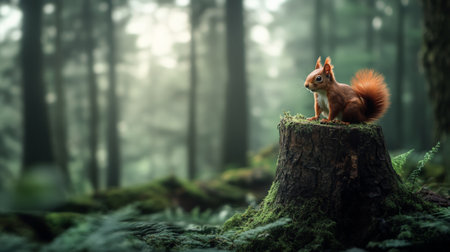 Eurasian red squirrel, with its fluffy tail, sits on a moss covered tree stump in a foggy forest, embracing the serene and tranquil atmosphere of the natural surroundingsの素材