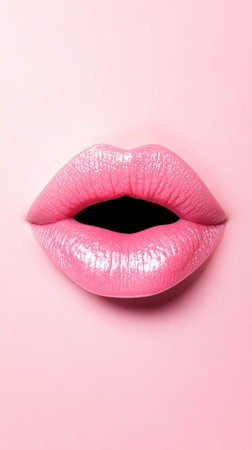 Sensual open mouth displaying perfect white teeth adorned with vibrant pink lipstick, ideal for showcasing beauty in cosmetology, lip augmentation, and dentistryの素材
