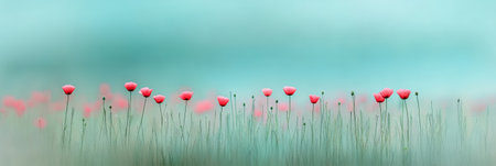 Beautiful minimalist landscape showcasing a row of red poppies rising from a misty green field, bathed in the soft, ethereal light of sunrise, creating a serene and dreamy atmosphereの素材