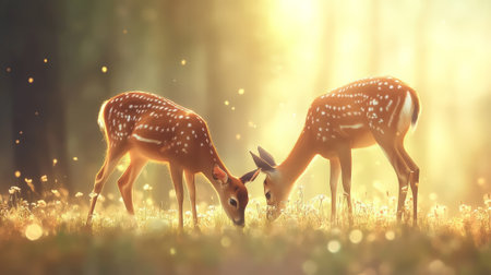 Two young deer grazing peacefully in a sun drenched forest clearing create an enchanting and serene scene, showcasing the beauty of wildlife in their natural habitatの素材