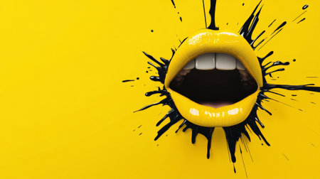Sensual glossy yellow lips are framed by a splash of black ink on a vibrant yellow background, creating a striking contrast that emphasizes the beauty and power of color in cosmetic artistryの素材