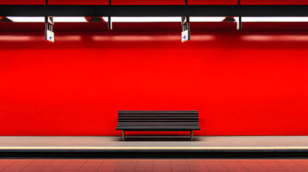 Empty black bench sits on a subway or metro platform with a vibrant red wall and overhead signage providing a minimalist and colorful urban sceneの素材
