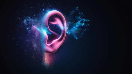 Pinkish human ear receiving blue digital sound waves, transforming sound into data stream, representing hearing, listening, audio technology, and digital audio processingの素材