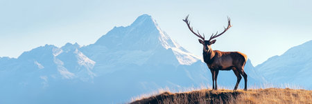 Proud deer with large antlers standing on a mountain ridge, enjoying breathtaking views of snow capped peaks and serene valleys in a tranquil natural landscapeの素材