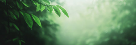 Sunlight filters through a misty forest canopy, illuminating fresh green leaves in a serene natural landscape, creating a tranquil and evocative atmosphereの素材