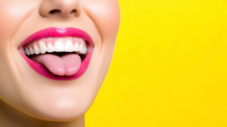 Close up of a smiling womans mouth with perfect teeth and pink lipstick, showing her tongue on a vibrant yellow background, highlighting dental and cosmetic beautyの素材