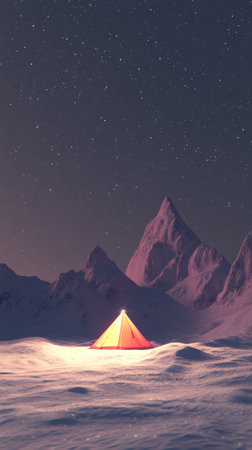 Illuminated tent stands on a snow covered field at the base of towering, snow capped mountains, under a vast, starry night sky, creating a serene and adventurous winter camping sceneの素材