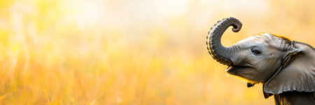 Baby elephant is lifting its trunk in a golden meadow, illuminated by the warm, setting sun, creating a beautiful and heartwarming scene of wildlife in its natural habitatの素材