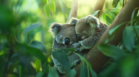 Two adorable koalas are sleeping peacefully, embracing each other on a eucalyptus tree branch, surrounded by lush green foliage, enjoying the warm sunlight filtering through the leavesの素材