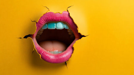 Open mouth with cyan teeth and pink lips emerging from torn yellow paper, suggesting concepts like freedom of expression, surprise, and breaking barriersの素材