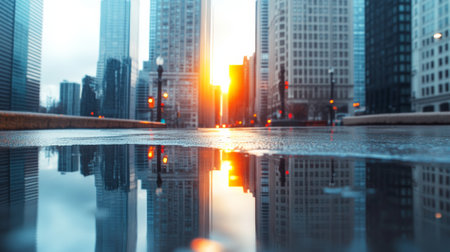 Wet street reflecting chicagos iconic skyscrapers and a vibrant sunset in puddles after rain, creating a stunning urban landscape filled with dramatic evening lightの素材