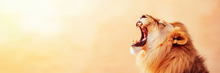 Powerful male lion roaring with mouth wide open, displaying sharp teeth and impressive mane against a blurred golden sunset, capturing the wild spirit of the african savannaの素材