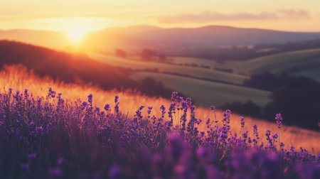 Warm sunlight bathing a vibrant lavender field creates a serene and colorful scene, highlighting the picturesque landscape at sunset, where natures beauty flourishes in tranquilityの素材