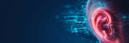 Futuristic digital ear receiving and processing sound waves, representing advanced audio technology, virtual hearing, and the future of sound perceptionの素材