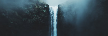 Breathtaking waterfall cascading down lush, moss covered cliffs within a misty gorge, creating a stunning and dramatic natural landscape filled with awe inspiring beautyの素材