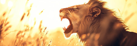 Majestic male lion roaring fiercely, displaying its powerful teeth and mane, with the warm golden light of the setting sun illuminating the african savanna landscapeの素材