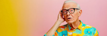 Studio shot of a surprised senior man with glasses and colorful shirt holding hand to ear, listening carefully, experiencing hearing problems on a vibrant two tone backgroundの素材