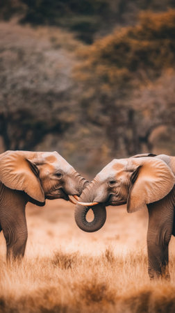 Two elephants are touching trunks in a tender moment of affection, showcasing the strong social bonds within elephant herds in their natural habitatの素材