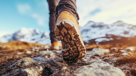 Close up of hiking boots stepping on rocky terrain, with snowy mountains and clear sky creating an adventurous atmosphere during a challenging high altitude trekの素材