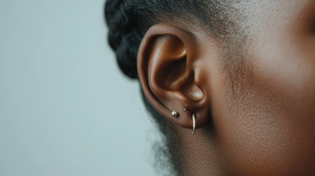 Close up view of a young womans ear adorned with small earrings, emphasizing the significance of maintaining healthy hearing and prioritizing ear care for overall well beingの素材