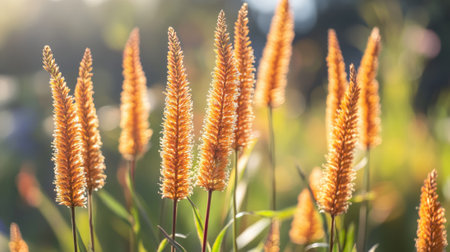 Warm sunlight illuminating foxtail amaranth during a stunning summer sunset, creating a captivating and vibrant natural background filled with golden hues and serene beautyの素材