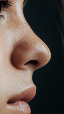 Close up profile view of a womans nose, lips, and part of an eye with long eyelashes, emphasizing delicate skin texture and natural beauty in a dark backgroundの素材