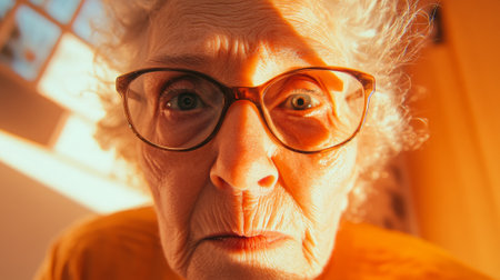 Close up portrait of an elderly woman wearing glasses, highlighting wrinkles and aging skin, potentially suitable for themes of cosmetology, skincare, or agingの素材