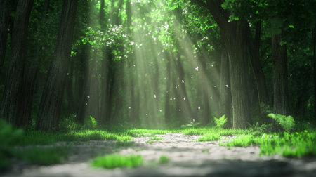 Sunbeams filtering through the trees in a magical forest illuminate white butterflies gracefully fluttering over lush green grass and vibrant ferns, creating a serene atmosphereの素材