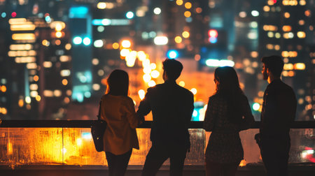 Four friends are standing on a rooftop at night, enjoying the breathtaking view of a brightly lit cityscape with blurred lights creating a magical bokeh effectの素材